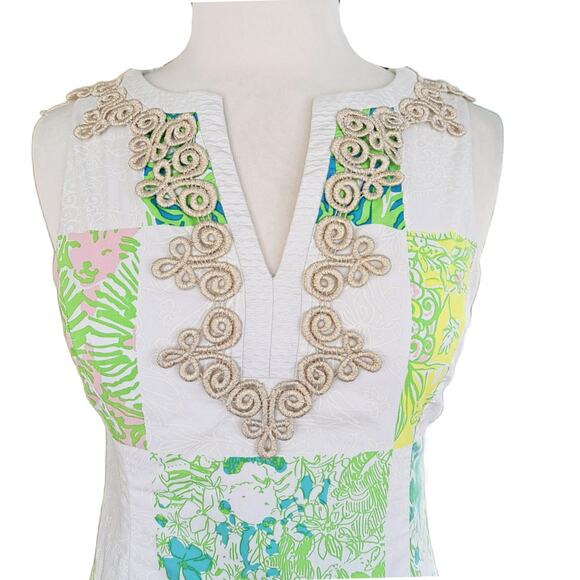 Lilly Pulitzer Janice Mini Dress Size 2 Gold Lace Lioness Patchwork - Picture 3 of 10